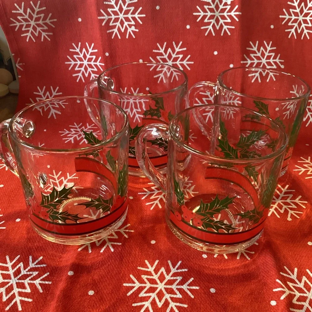 Holly Berry Mugs - set of 4 - clear glass with holly pattern